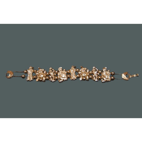 Vintage 1995 BG CLOWN Circus Charm Slide Slider BRACELET Gold Tone 8" Clowncore - Picture 2 of 10